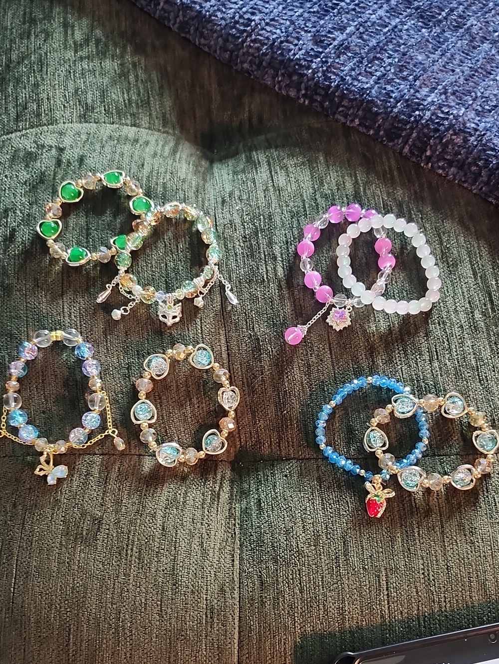 2pc. Beaded Charm Bracelets, Green Fox, Pink St, Blue Butterfly, Blue Strawberry